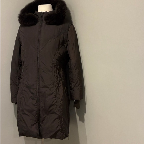Via Spiga Taupe Puffer Jacket with Blue Fox Fur Collar - Picture 3 of 10